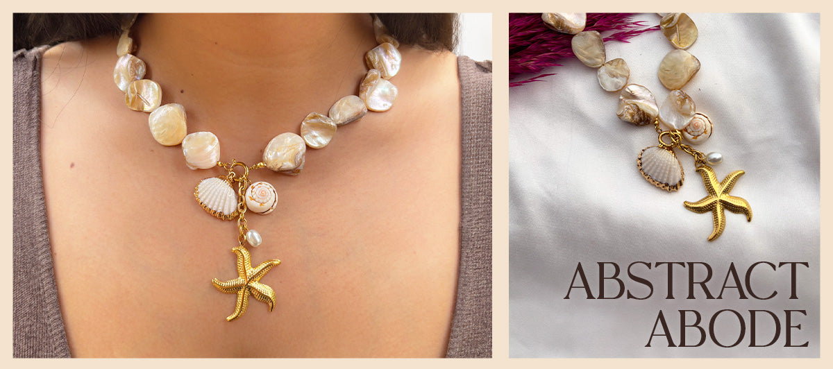Gold starfish charm necklace with shell and pearl details from Mash Mallow – trendy artificial jewellery styled for summer