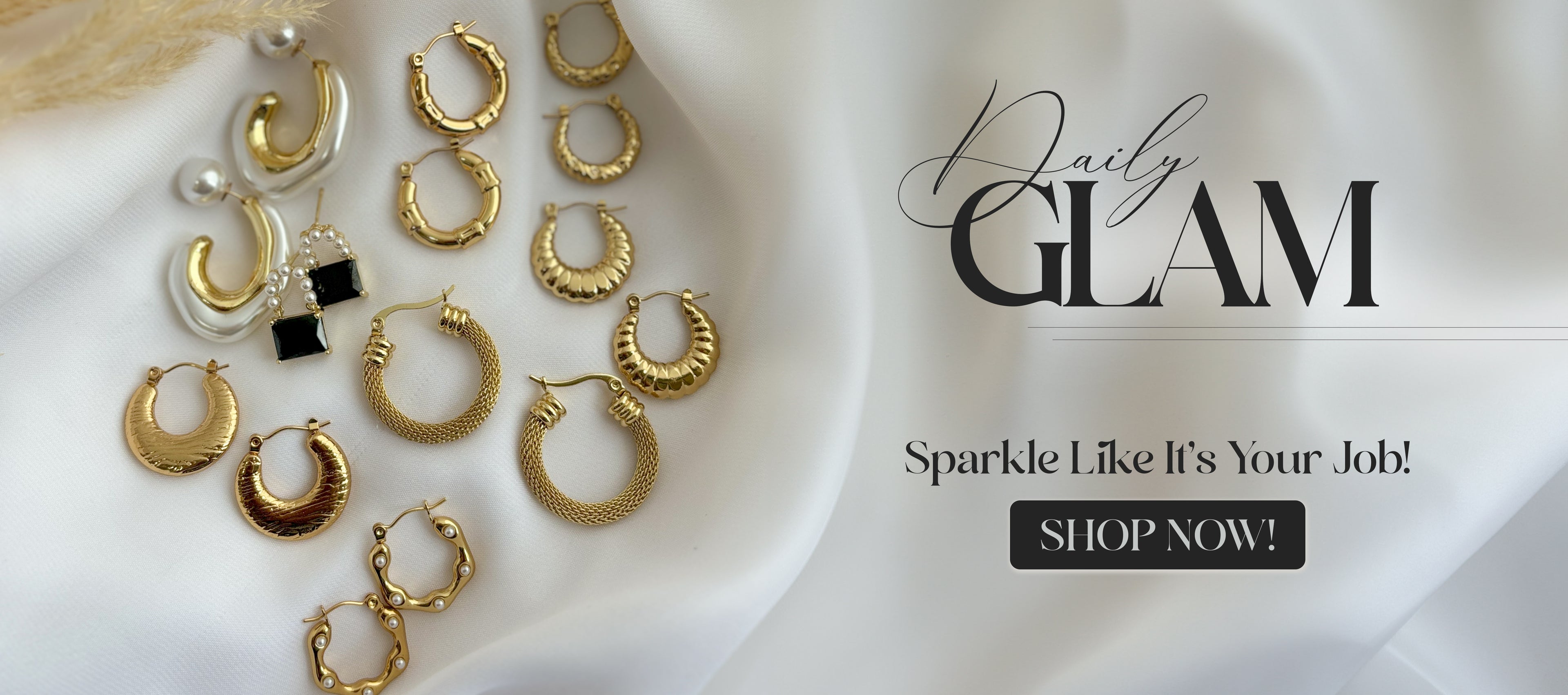 Mash Mallow Daily Glam collection – gold hoop earrings, pearl drops, and bold everyday styles on satin background